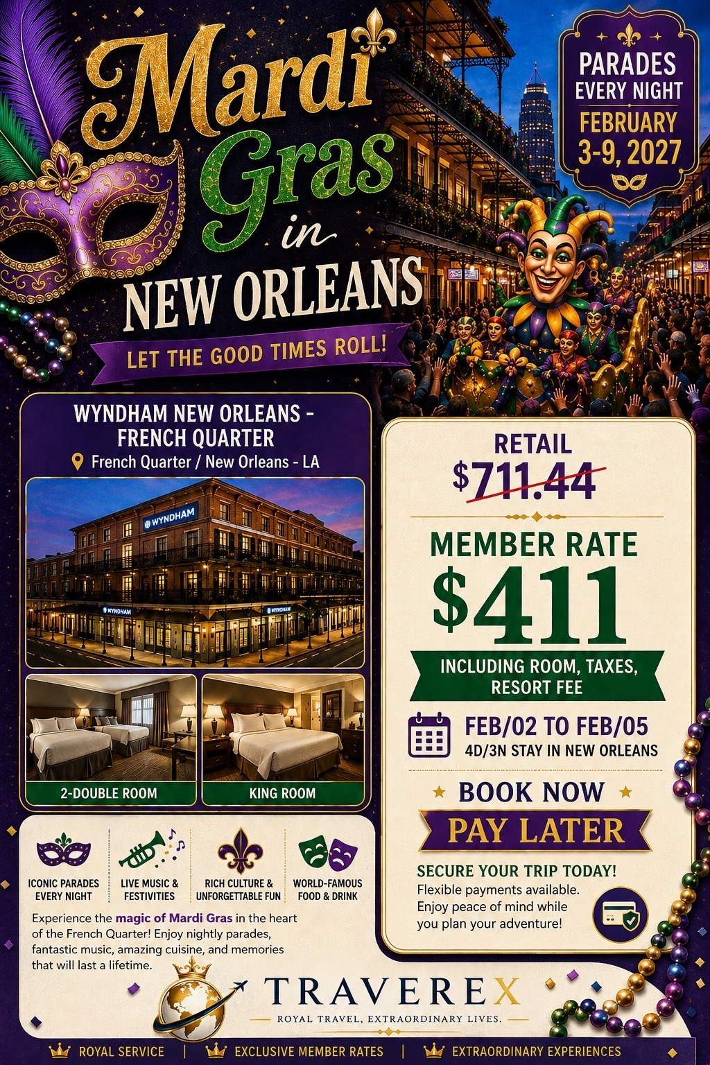 Mardi Gras member hotel special in the New Orleans French Quarter