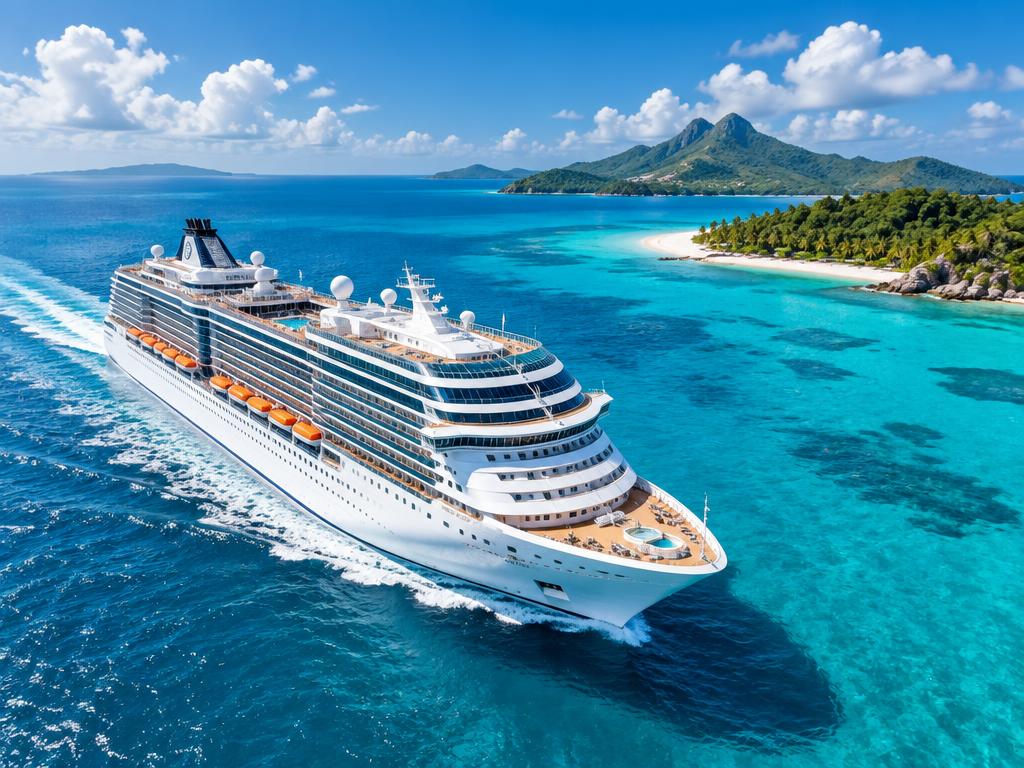Aerial view of a cruise ship in turquoise Caribbean waters with a tropical island and green mountains in the distance